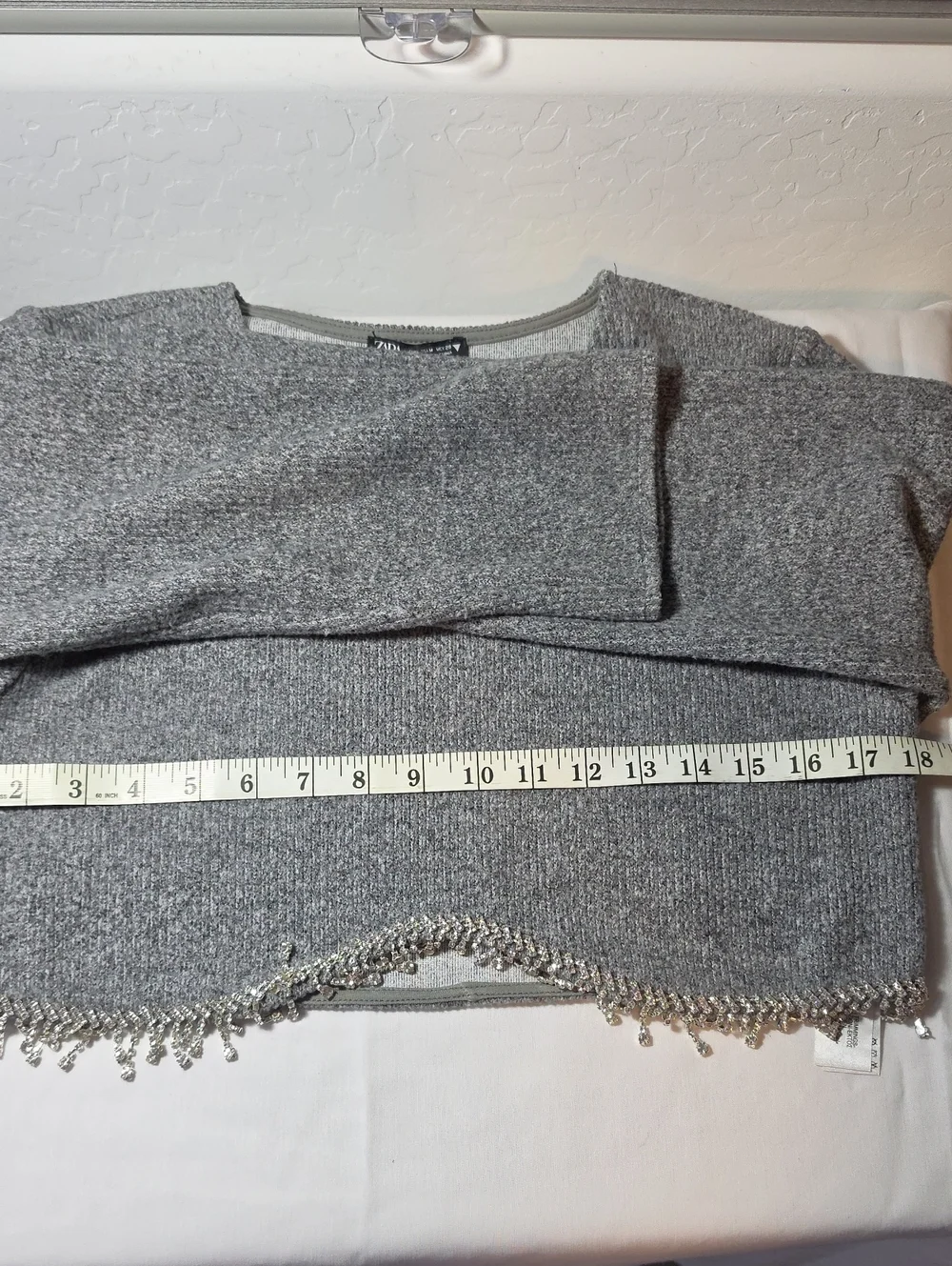 Zara Gray Cropped Gray Sweater Top with Rhinstone Front Hem Size Medium